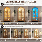 Arch Storage Cabinet with Tempered Glass Door, 71” Arched Display Floor Cabinet, 5 Tier Farmhouse Buffet with Storage for Dining Room, Living Room, Home Office or Kitchen(Oak)