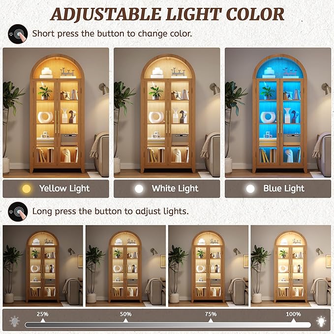 Arch Storage Cabinet with Tempered Glass Door, 71” Arched Display Floor Cabinet, 5 Tier Farmhouse Buffet with Storage for Dining Room, Living Room, Home Office or Kitchen(Oak)