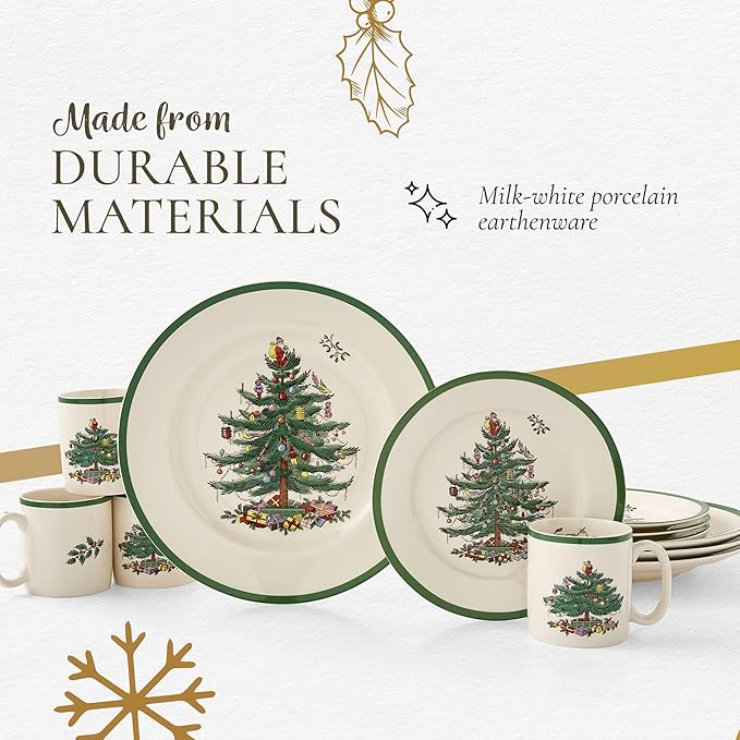 Spode Christmas Tree 12-Piece Dinnerware Set (Service for 4) - Festive Holiday Tableware Collection with Plates and Mugs - Fine Earthenware Christmas Dinnerware - Microwave & Dishwasher Safe