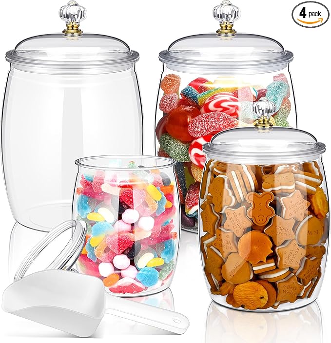 Nuogo 4 Pcs Plastic Candy and Cookie Jars with Lids Clear Cookie Container Candy Jars Large Airtight Apothecary Storage Organization for Wedding Home Kitchen Bar(42/64/90 oz)