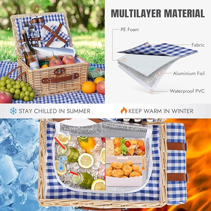 HappyPicnic Picnic Basket Set for 2 - Wicker Picnic Basket with Waterproof Blanket & Insulated Liner, Large Handmade Willow Hamper with Cutlery Kit for Outdoor, Picnic, Camping, Party, Holidays (Blue)