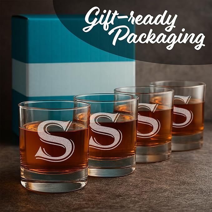 Monogrammed Gifts for Men - 4PC 11 Oz Custom Whiskey Glasses (S-Monogram) - Engraved Whiskey Glasses - Personalized Whiskey Glasses - Unique Bourbon Glasses - Personalized Glass Gifts for Dad