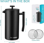 Belwares French Press Coffee Maker 50 OZ - Large Insulated Stainless Steel 304 Coffee Press with Double Wall & 4-Level Filtration System (Black - 1.5L)