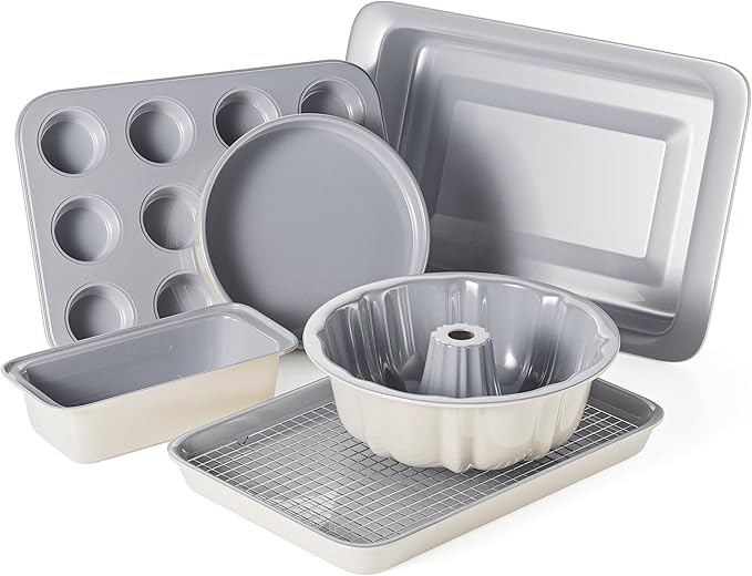 VONIKI Ceramic Baking Pans Set, 7 PCS Nonstick Bakeware Sets Baking Sheets For Oven Baking Set With Cookie Sheet, Cake Pan, Loaf Pan, Muffin Pan, Roaster Pan, Cooling Rack - Nontoxic Baking Supplies