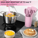 Herogo Silicone Cooking Utensils Set, 7-Piece Kitchen Utensils Set, Heat Resistant Cooking Gadget Tools Slotted Turner, Spoon, Soup Ladle, Pasta Server, Spatula, Tongs for Nonstick Cookware, Pink