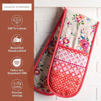 Maison d' Hermine Double Oven Mitts 100% Cotton 7"x35" Double Oven Mitt Heat Resistant BBQ Cooking Gloves with Loop, Baking, Grilling, Home, Kitchen, Handling Hot Pans Spring Summer (Rose Garden)