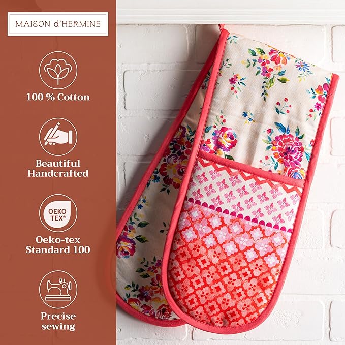 Maison d' Hermine Double Oven Mitts 100% Cotton 7"x35" Double Oven Mitt Heat Resistant BBQ Cooking Gloves with Loop, Baking, Grilling, Home, Kitchen, Handling Hot Pans Spring Summer (Rose Garden)