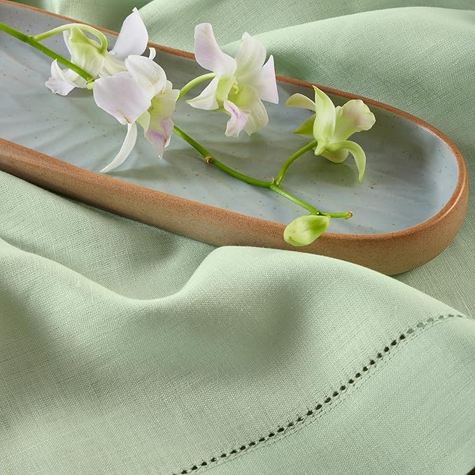 Solino Home Linen Tablecloth 52 x 52 Inch - 100% Pure Linen Light Green Square Tablecloth - Classic Hemstitch, Machine Washable Table Throw for Summer