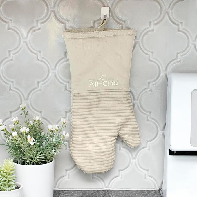 All-Clad Silicone Oven Mitts: Heat Resistant up to 500 Degrees - 100% Cotton & Silicone, 14"x7" Oven Mitt for Kitchen and Barbeque, 2-Pack, Almond