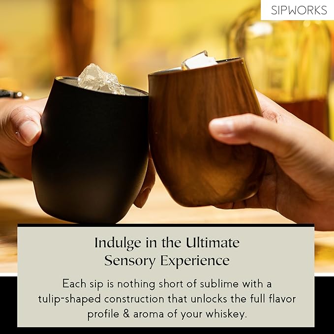 Sipworks Insulated Whiskey Tumbler - 8 oz Stainless Steel Bourbon Lowball Tumbler with Double Walled Vacuum Insulation - Spill Resistant Cocktail Nosing Glass Mug | Travel & Parties - Mahogany