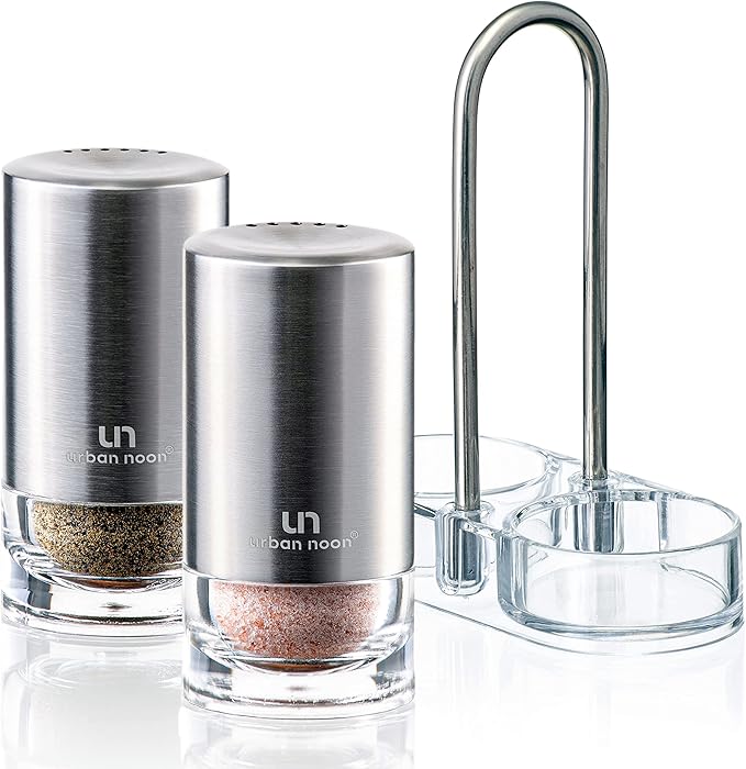 Salt and Pepper Shakers with Holder - Elegant Stainless Steel Salt Shaker and Pepper Shaker Set with Acrylic Holder for Kitchen Counter or Restaurant Table
