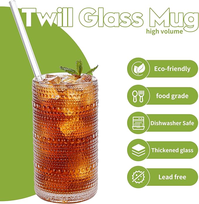 Large Vintage Hobnail Drinking Glasses Set of 6, 16oz Clear Highball Glasses Cups, Kitchen Water Glasses Cup, for Cocktail, Juice, Whiskey, Milk and Various Mixed Drinks