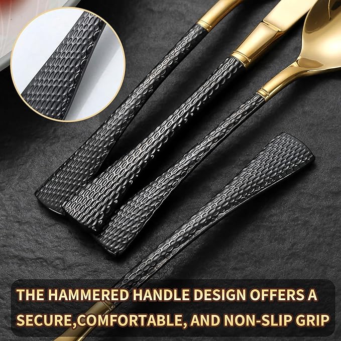 Lemeya Hammered Black Gold Silverware Set for 8,Stainless Steel 40-Piece Modern Cutlery Set,Mirror Polished Heavy Duty Flatware Set Utensil Set,Knives Spoons and Forks Set,Dishwasher Safe