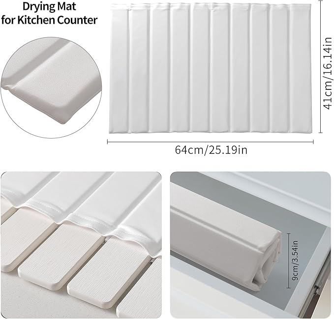 Stone Drying Mat for Kitchen Counter, Collapsible Diatomaceous Earth Dish Drying Mats, Supe Absorbent Quick Dry Stone Mat Kitchen，PU Leather Surface Removable and washable (White, 23.6”x15.4”)