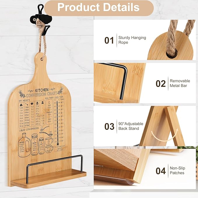 Cookbook Stand for Kitchen Counter Bamboo Recipe Book Holder with Conversion Chart Adjustable Non Slip Cookbook Holder Kitchen Gifts for Women Gifts for Housewarming Christmas Retirement Wedding