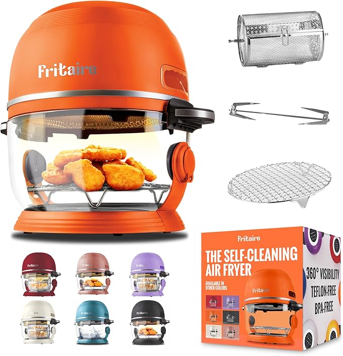 Non Toxic Air Fryer™ - Glass AirFryer 5 Quart w/ 360 Visibility, Self-Cleaning, 400F Vortex Air Fryer for Even Cooking, BPA-Free Teflon Free, 6-in-1 Functions, Rotisserie, Roast, Bake, Orange