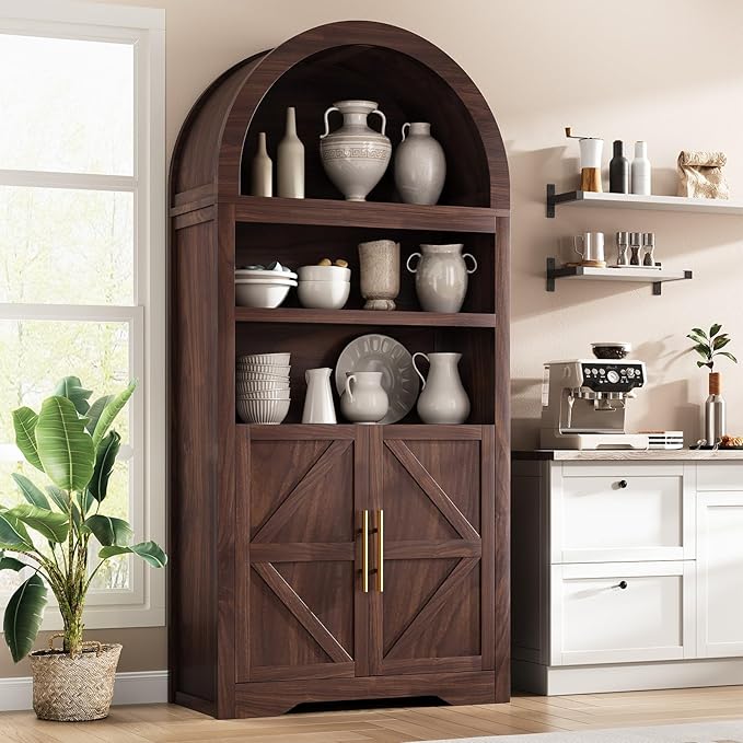 Kitchen Pantry Cabinet, Arched Bookshelf Bookcase China Pantry Storage Cabinet with Doors and Shelves,71“ Tall Food Pantry Funiture for Living Room,Dining Room (Walnut)