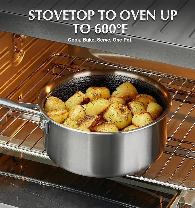 KOCH SYSTEME CS Hybrid Nonstick Stainless Steel Sauce Pan with Steamer Insert, 18/10 Steel 2QT Sauce Pan with Lid, Triple Stainless Steel Pot with Honeycomb Interior, Induction Compatible & Oven Safe