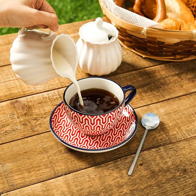 KitchenTour Espresso Cups and Saucers set, 6-pack,7oz - Cappuccino Cups with handle set of 6 - Teacup for Tea Party Bohemia style