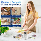 Compact Vacuum Sealer for Food (Incl. 30 Reusable Bags), Ice-Cooling Contact Portable Food Saver for Meal Prep, Camping & Kitchen Clutterealer with 60KPa Pro Suction