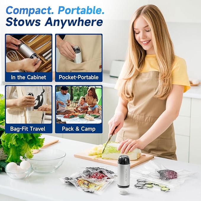Compact Vacuum Sealer for Food (Incl. 30 Reusable Bags), Ice-Cooling Contact Portable Food Saver for Meal Prep, Camping & Kitchen Clutterealer with 60KPa Pro Suction
