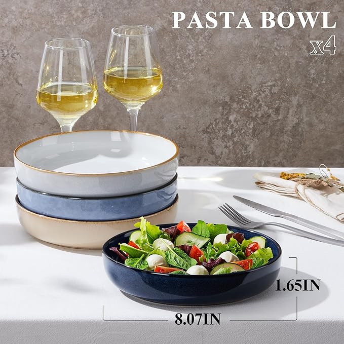 E-far Pasta Bowls Set of 4-35oz Double Reactive Ceramic Large Serving Salad Bowls, Wide & Shallow Stoneware Pasta Plates for Salad, Soup, Dinner| Dishwasher & Microwave Safe | Multicolor
