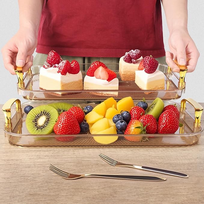 Set of 3 Serving Platters with Handles 16.5/15/13.2 Inch Reusable Large Serving Trays, Party Food Tray, Rectangular Dinner Plates for Cookie, Cake, Turkey, Cheese, Fruit, Snack(Amber)
