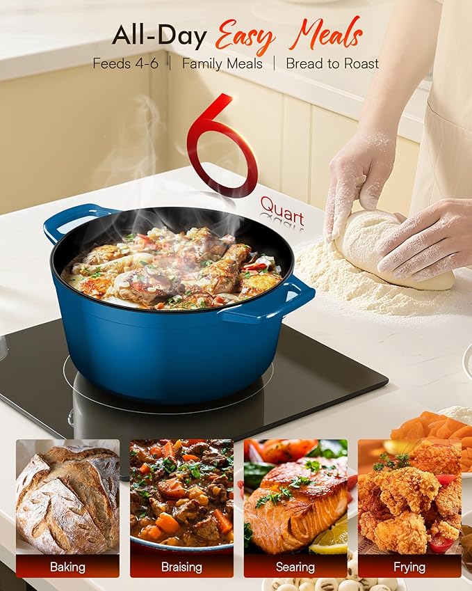 Nuwave 6QT Healthy Enameled Cast Iron Dutch Oven Pot with Lid, Heavy Duty 7-Layer Enamel, Enhanced Rust Protection, Dual Handles, Oven Safe to 500°F for Sourdough Bread Baking, Braise, Stew, Roast
