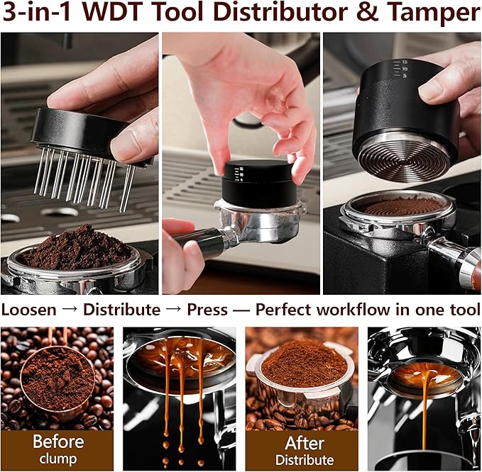 58mm Espresso Accessories Kit, 3-in-1 Coffee Distributor and Tamper, WDT Tool Espresso Distribution Tool Set Fits Espresso Coffee Machines and 58 mm Portafilters Accessories (58mm)