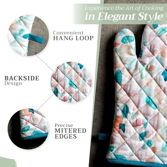 Maison d' Hermine 100% Cotton Oven Mitt & Pot Holder Set (7.5"x13" & 8"x8") Heat Resistant BBQ Cooking Gloves with Loop, Baking, Grilling, Kitchen, Handling Hot Pans Spring/Summer (Summer Picnic)