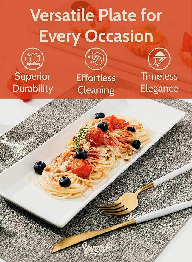 Sweese Porcelain Serving Platters 11.7 Inch - Elegant White Rectangular Plates, Set of 4 for Parties, Sushi, Appetizers