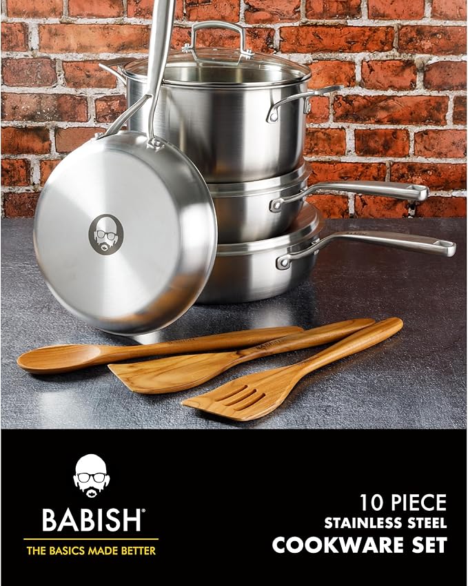 Babish 10-Piece Professional Tri-Ply Non-Toxic Pots and Pans Cookware Set – Durable, Even Heat Distribution for Cooking and Baking