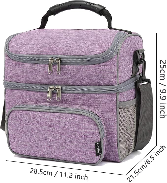 FlowFly Double Layer Cooler Insulated Lunch Bag Adult Lunch Box Large Tote Bag for Men, Women, With Adjustable Strap,Front Pocket and Dual Large Mesh Side Pockets