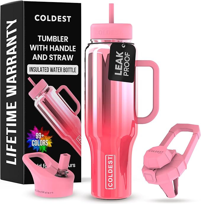 Coldest Tumbler with Handle and Straw - 100% Spill Proof Tumbler with Straw (3 Lids) - Stainless Steel Insulated Leakproof Tumblers for Women & Men - Cup Holder Friendly - 46 oz (Lily Nova)