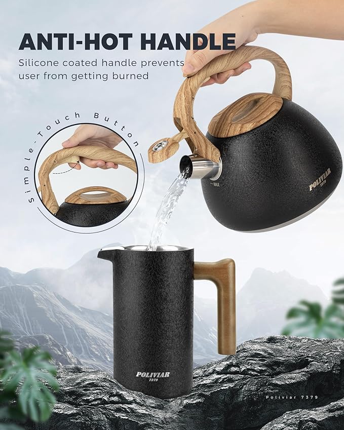 POLIVIAR Tea Kettle, 2.7 Quart Stovetop Tea Kettle, Audible Whistling Teapot with Crackle Finish, Food Grade Stainless Steel for Anti-Rust, Anti Hot Handle, Suitable for All Heat Sources (JX2023-LRB)