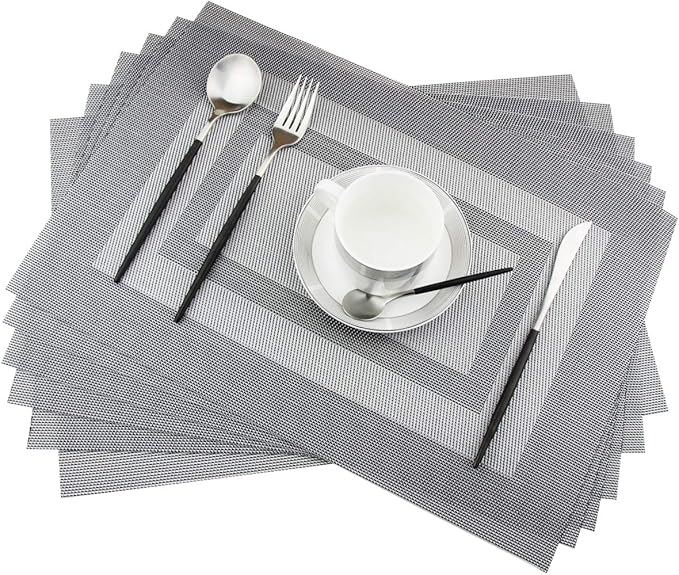 PIGCHCY Placemats Set of 6,Washable Woven Place Mats Vinyl Table Mats Non Slip Placemats Heat Resistant Durable Placemats for Dining Table (Silver Black)