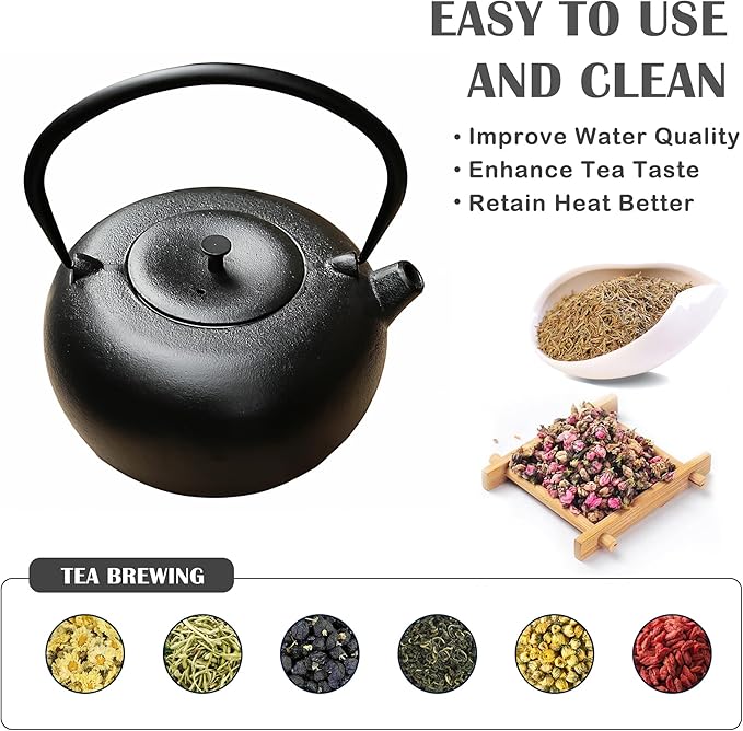 67.6oz Cast Iron Teapot for Stovetop Safe, Black Japanese Tetsubin, 2000ml Tea Kettle with Stainless Steel Infuser for Loose Leaf, Tea Pot Coated with Enameled Interior