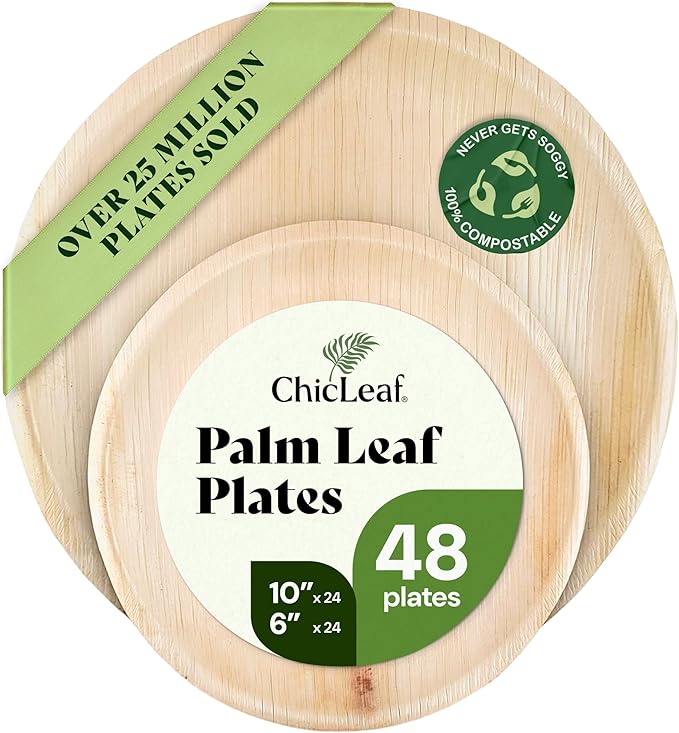 Chic Leaf Palm Leaf Compostable Plates - 10" & 6", 48 Pack - Alternative to Plastic Plates - Biodegradable Dinnerware Sets - For Weddings & Parties