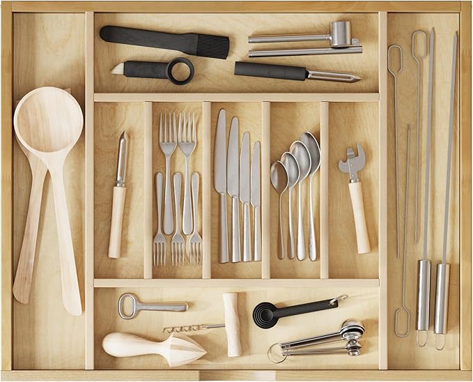 WelFurGeer Premium Wooden Silverware Organizer for Kitchen Drawers, Utensil Tray for Kitchen Drawer, Cutlery Drawer Organizer for Forks, Spoons, Knives - Sturdy Birchwood, Natural Finish