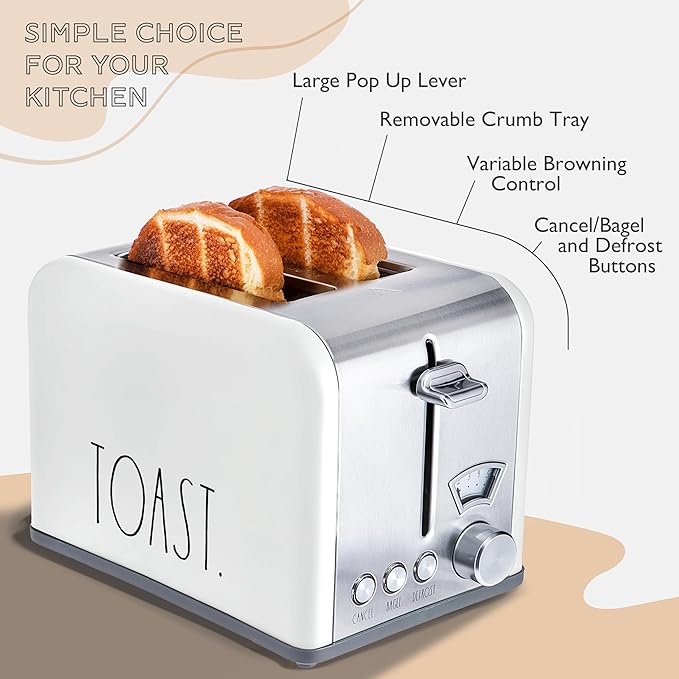 Rae Dunn Toaster, Stainless Steel 2 Slice Square Toaster, Wide Slot with 5 Browning Levels, with Bagel, Defrost and Cancel Options (White)