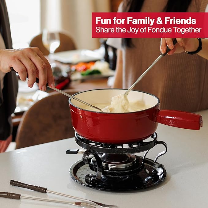 Swissmar Lugano Cast Iron Cheese Fondue Set, 9-Piece, 2 QT / 2 L - Ideal for Melting Cheese, Chocolates, Caramel, & More - Perfect for Kitchen Collection & Gift Giving - Cherry Red