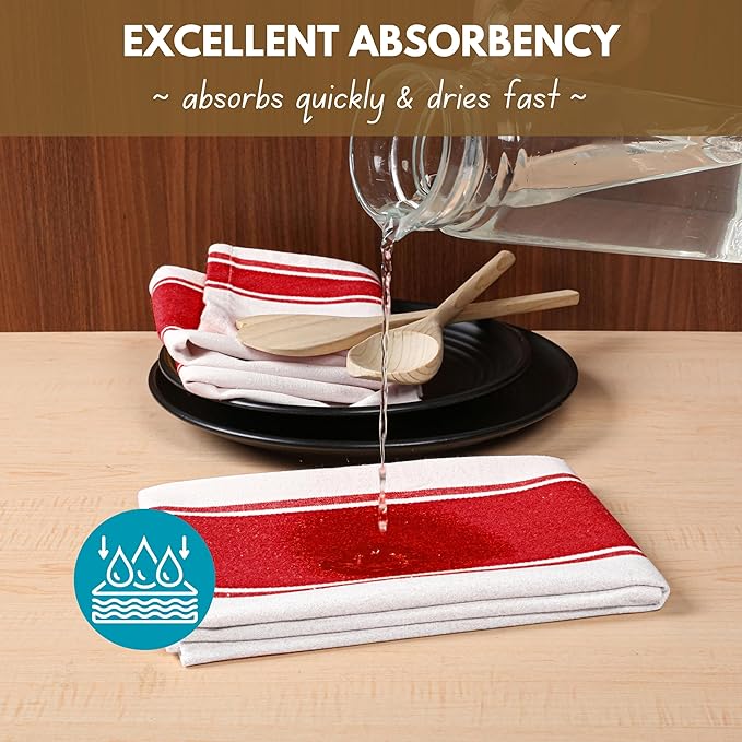 Native Fab Red Striped Dish Towels 18"x28", 6 Pack, Wide Stripe, Highly Absorbent, Fast Dry, 100% Cotton Hand Towels for Drying Dishes, Glassware, Dishcloth Set, Kitchen Cleaning Towel - Red