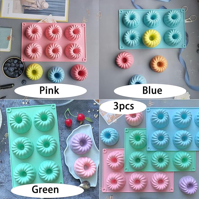 3Pcs Silicone Bundt Cake Pan, 6-Cavity Nonstick Baking Molds,Mini Jello Molds Silicone,Mini Bundt Cake Pans, Cupcake Mold for chocolate, Donut, Jelly