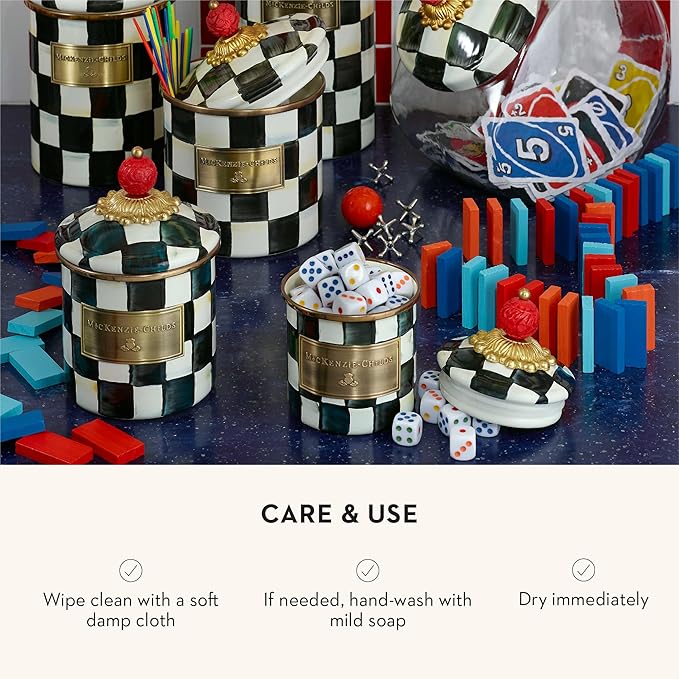 MACKENZIE-CHILDS Courtly Check Enamel Canister, Black-and-White Kitchen Storage Container with Lid, Mini