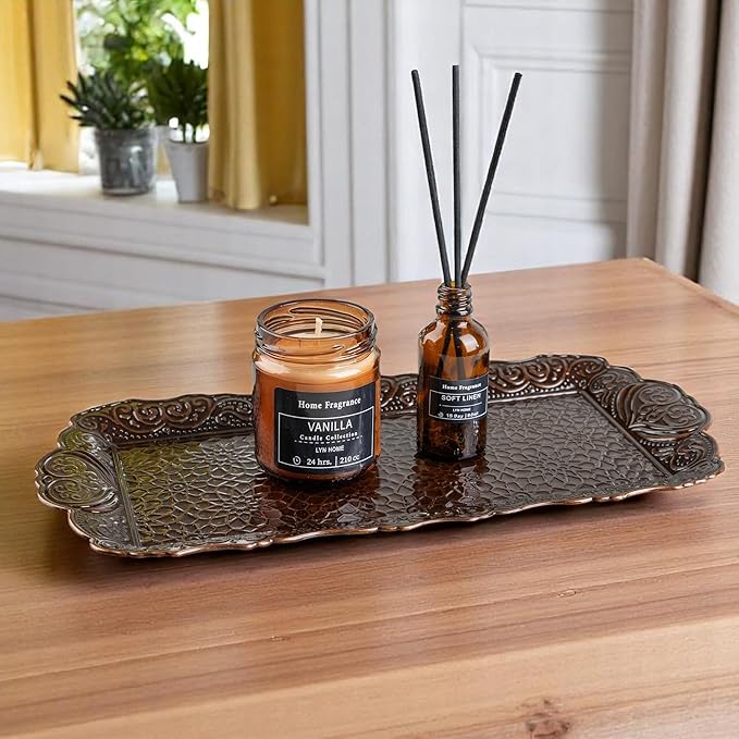 Alisveristime Small Ornate Metal Serving Tray – Ottoman Motif Decorative Tray (14.2" x 7.1", 10.8 oz) (Brown)