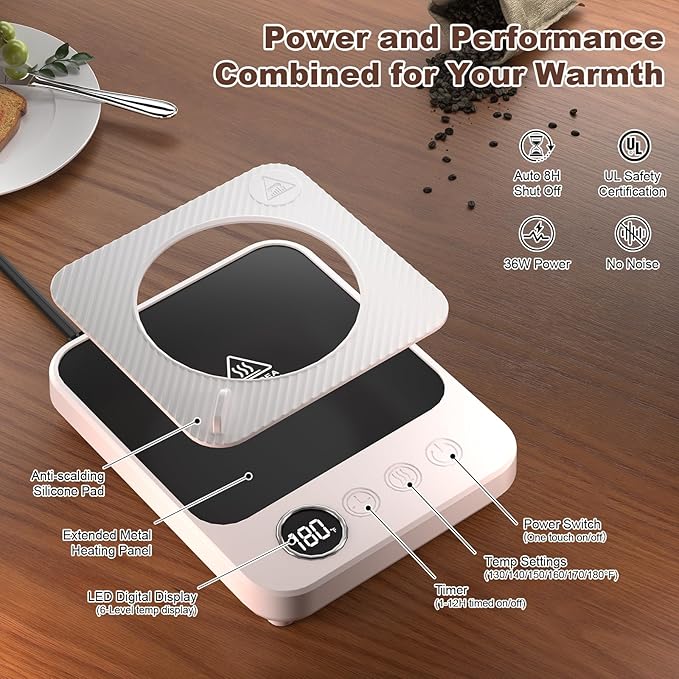Coffee Mug Warmer for Desk, Electric 36W Coffee Cup Warmer with Auto Shut Off/Timer for Office Home, Smart Coffee Cup Mug Heater for Warming and Heating Beverage,Candle,Tea,Coffee Gifts,White