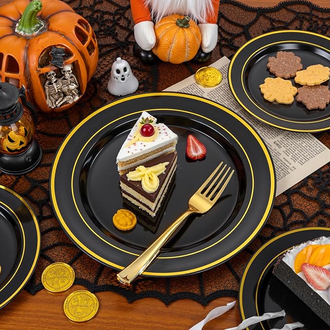 WDF 200PCS Black and Gold Plastic Plates - Black Plates Disposable for Party - Heavy Duty Plastic Plate for Halloween/New Year