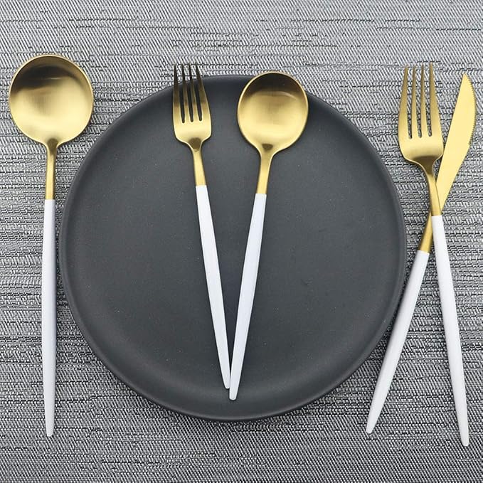JASHII Luxury Wthie Gold Flatware, Silverware Sets, 5-piece Elegant Cute 18/10 Stainless Steel Silverware Set for Eating Home Kitchen Hotel Restaurant, Service Sets for 1 People, Dishwasher Safe
