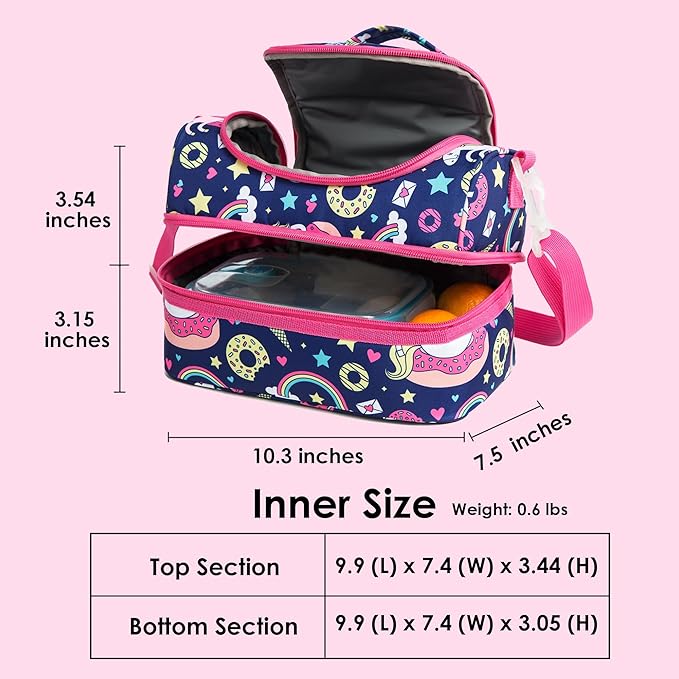 Insulated Kids Dual Compartment Lunch Bags Tote for Girls Boys Lunch Boxes Pre-School Toddler Kindergarten Picnic Camp Food Cooler Thermal with Strap