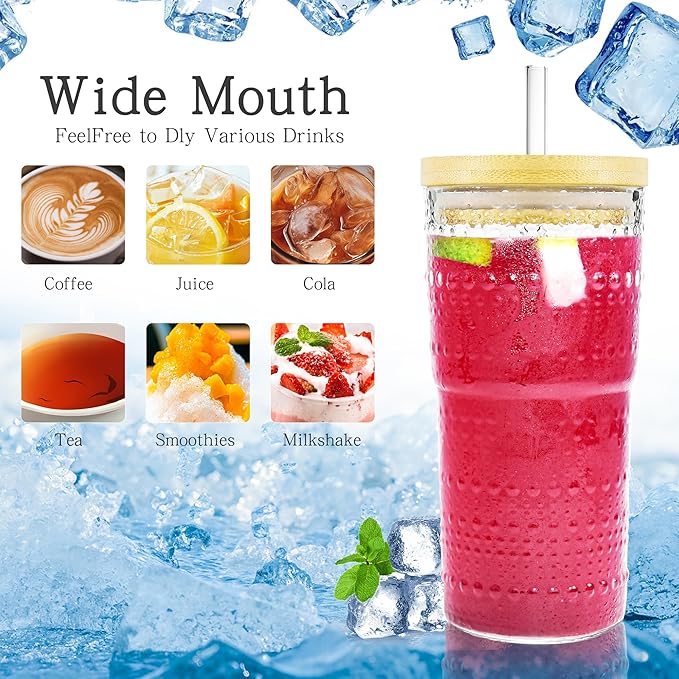 4 Pack 20oz Hobnail Drinking Glasses with Bamboo Lids and Glass Straw,High Borosilicate Glass Tumbler Cup Reusable Wide Mouth Smoothie Cups,Beer, Iced Coffee Glasses, Soda